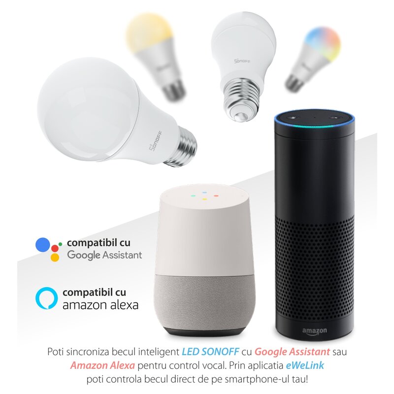 Bec LED smart Sonoff B02, Wi-Fi, E27, 806lm, 9W, lumina calda si rece