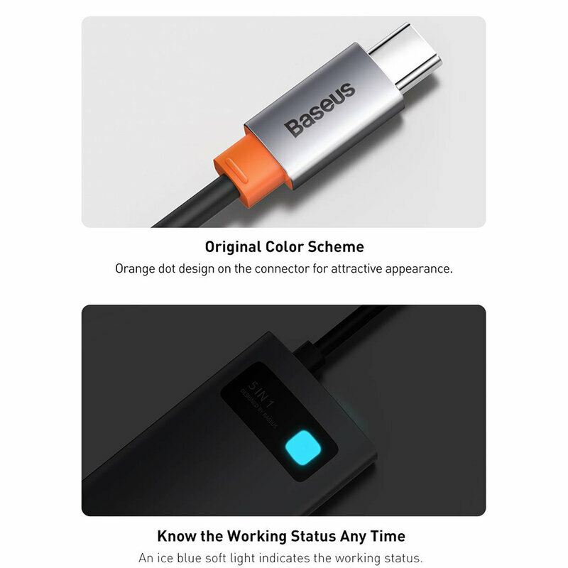 Hub USB-C Baseus la HDMI, Type-C, 3x USB, RJ45, 100W, gri, CAHUB-CW0G