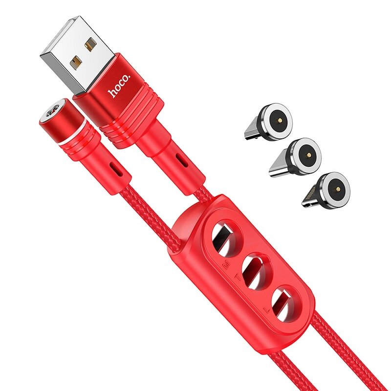 Cablu magnetic USB la Type-C, Micro-USB, Lightning Hoco U98, rosu