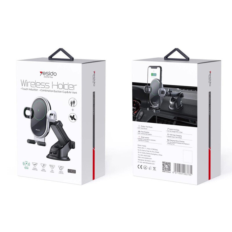 Suport telefon auto Yesido C102, incarcator wireless 10W, negru