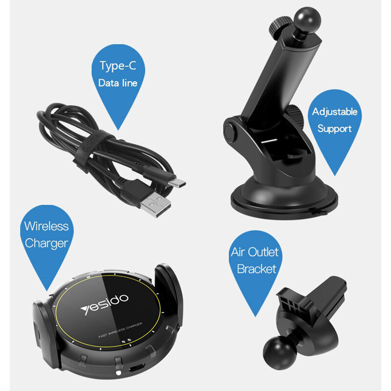 Suport telefon auto Yesido C77, incarcator wireless, 15W, negru