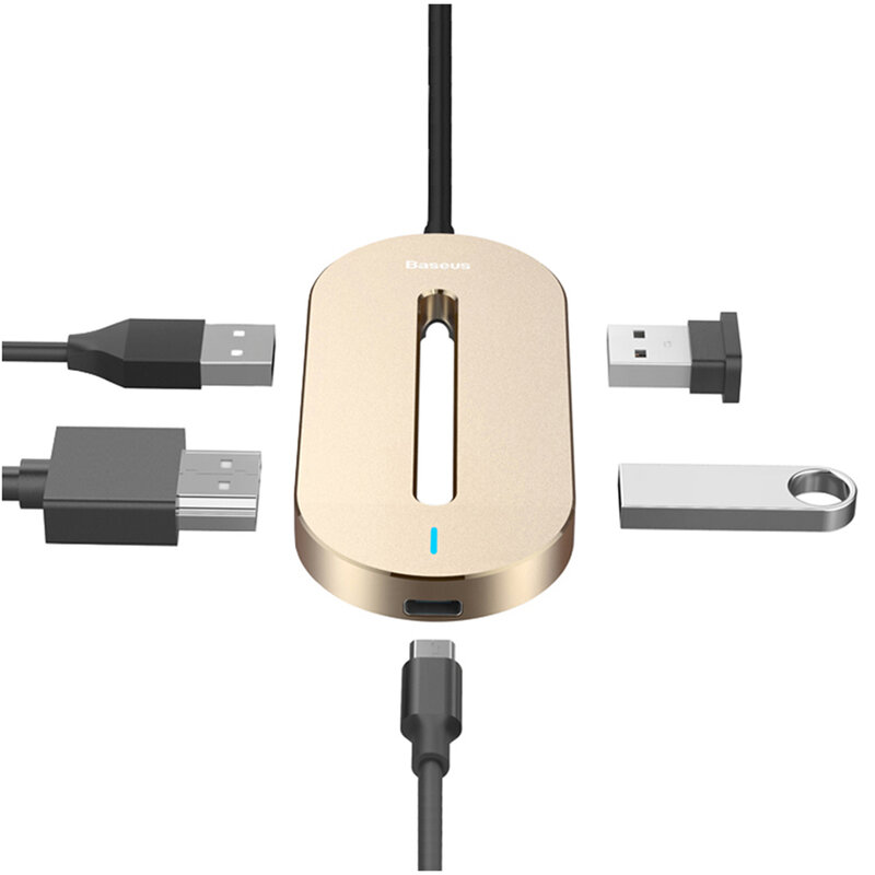 Hub USB-C Baseus la 3x USB, Type-C, HDMI, auriu, CABOOK-0V