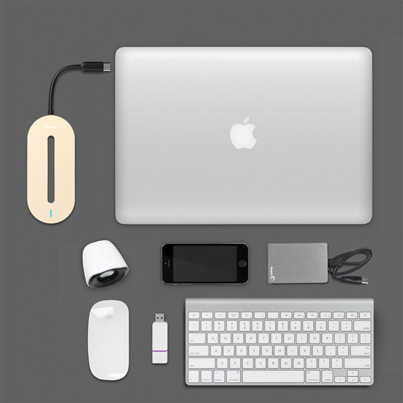 Hub USB-C Baseus la 3x USB, Type-C, HDMI, auriu, CABOOK-0V