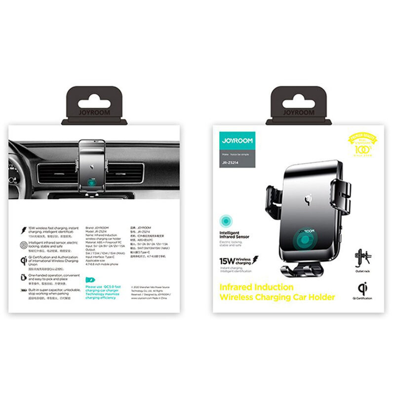 Suport telefon auto JoyRoom, incarcator wireless, grila, negru, JR-ZS214