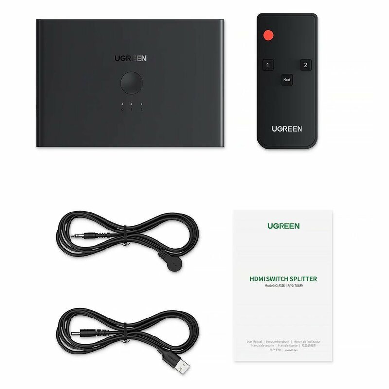 Splitter HDMI 4K Ugreen, HDMI switch 2x4 + telecomanda, negru, 70690