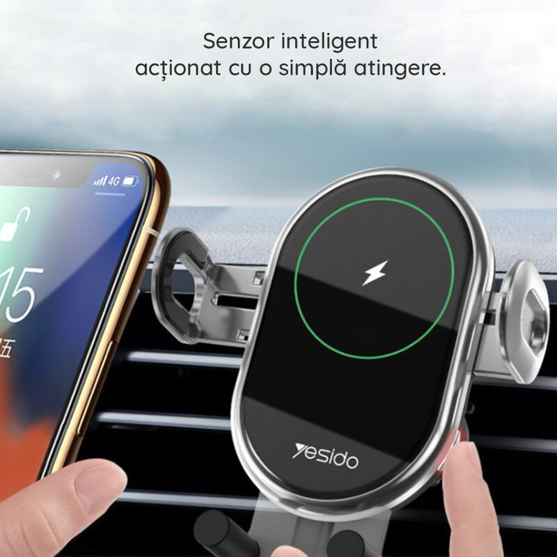 Suport telefon auto Yesido C102, incarcator wireless 10W, negru