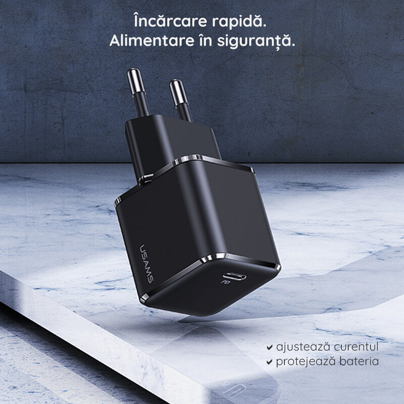 Incarcator priza Usams T42 Type-C PD25W, Fast Charge, negru, US-CC140