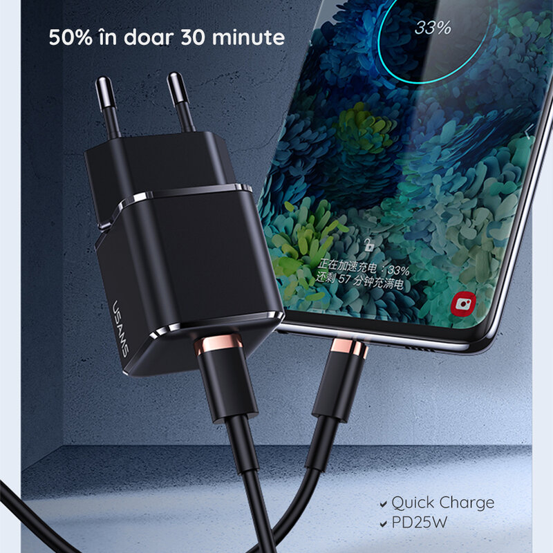 Incarcator priza Usams T42 Type-C PD25W, Fast Charge, negru, US-CC140