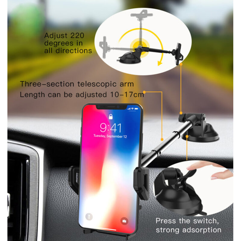 Suport telefon auto cu brat telescopic, reglabil Yesido C40, negru