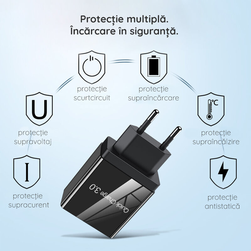 Incarcator Priza Qualcomm Fast 3xUSB 5.1A Quick Charge + Cablu 3in1, 1.2m - Negru