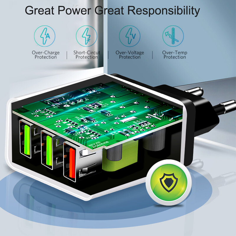 Incarcator Priza Qualcomm Fast 3xUSB 5.1A Quick Charge + Cablu 3in1, 1.2m - Negru