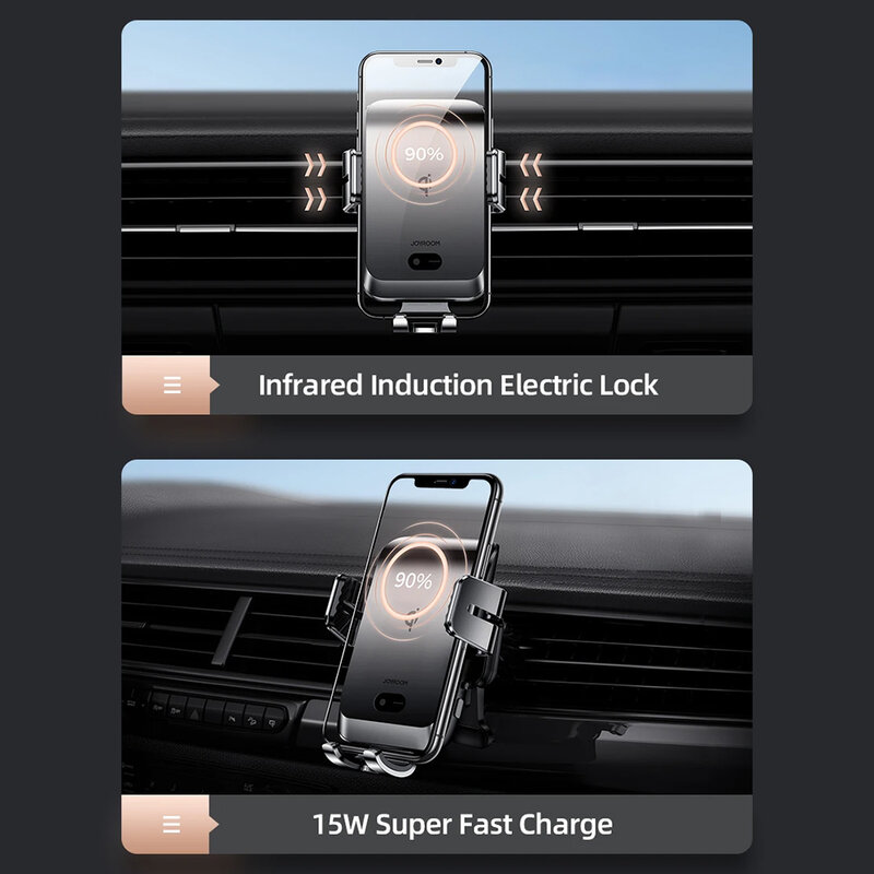 Suport telefon auto JoyRoom, incarcator wireless, grila, negru, JR-ZS214