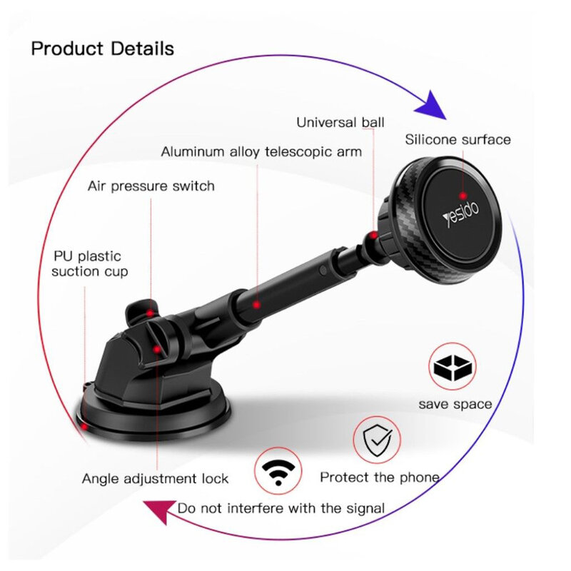 Suport telefon auto magnet Yesido C67 cu brat telescopic, negru
