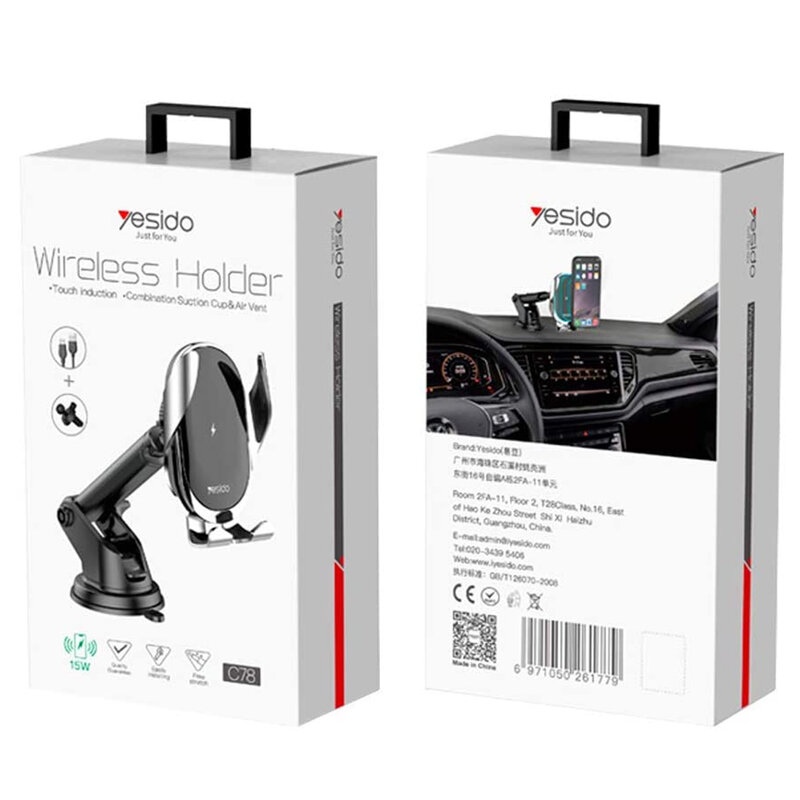 Suport telefon auto cu incarcare wireless, 15W Yesido C78, negru