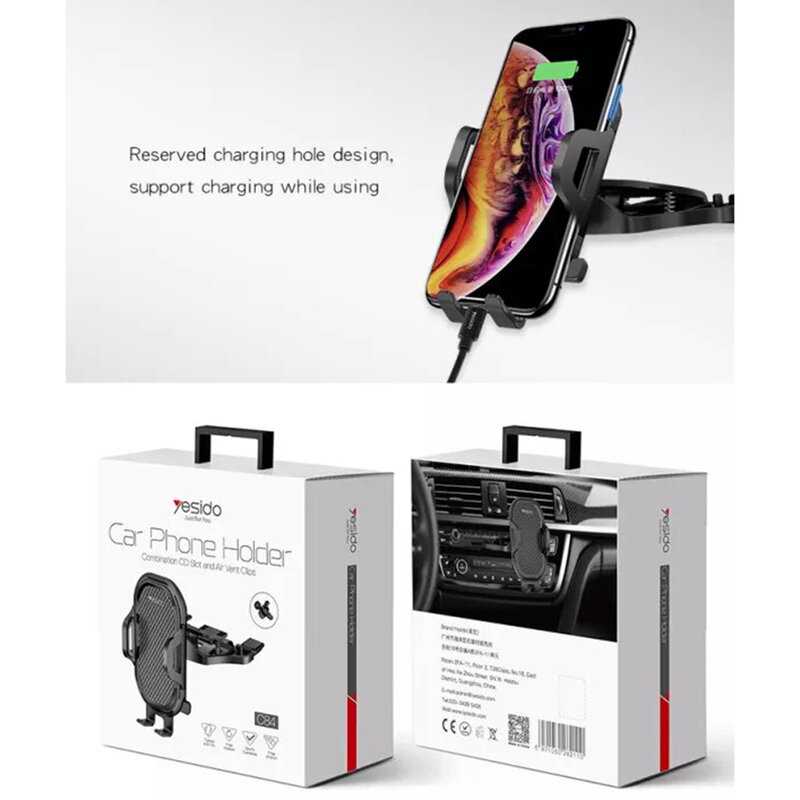 Suport telefon auto cu prindere in CD player Yesido C84, negru