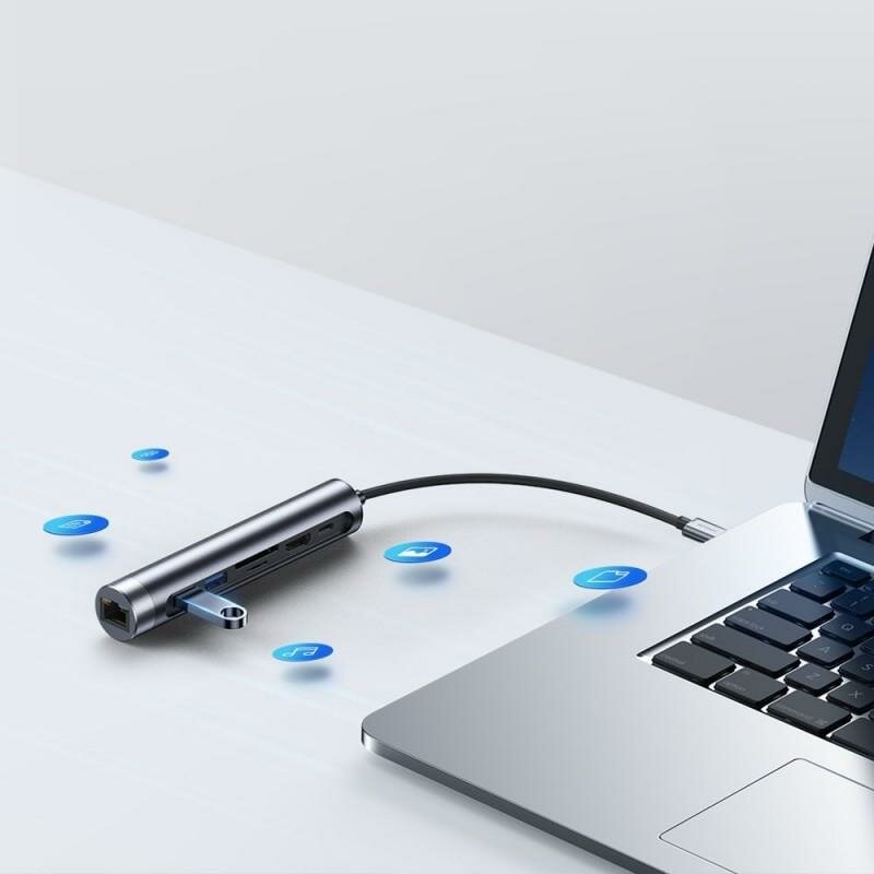 Hub USB-C JoyRoom la HDMI, Type-C, 3x USB, SD, MicroSD, gri, S-H112