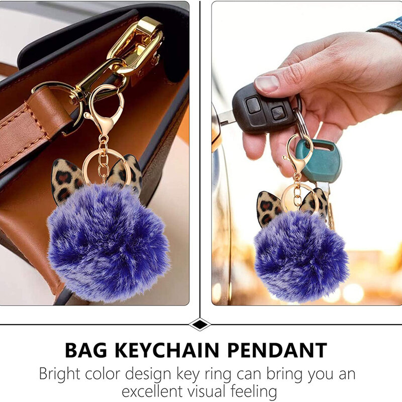 Breloc pufos din blana cu urechi, accesoriu geanta, negru