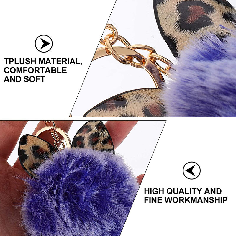 Breloc pufos din blana cu urechi, accesoriu geanta, negru