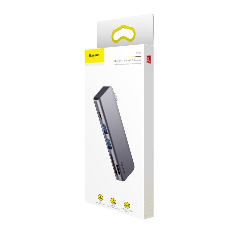 Hub USB-C la PD60W Baseus, 2x USB, SD, MicroSD, gri, CAHUB-K0G