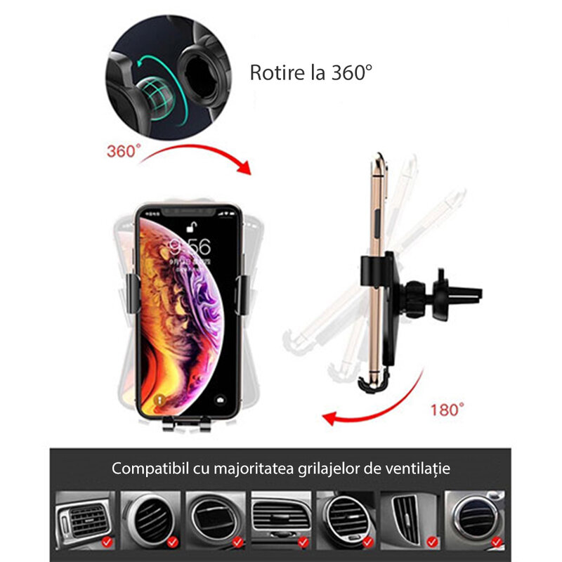 Suport telefon auto universal Yesido C87, grila ventilatie, negru