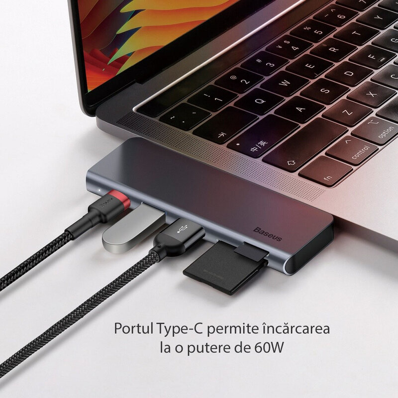 Hub USB-C la PD60W Baseus, 2x USB, SD, MicroSD, gri, CAHUB-K0G