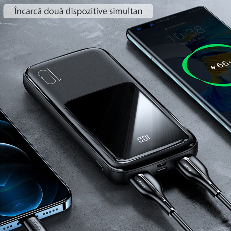 Baterie externa 10000mAh Usams PB58, 2xUSB, USB-C, Micro-USB, negru, US-CD163