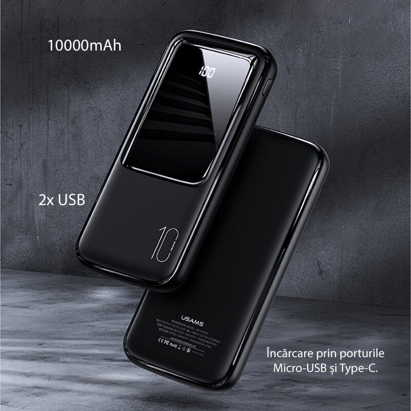 Baterie externa 10000mAh Usams PB58, 2xUSB, USB-C, Micro-USB, negru, US-CD163