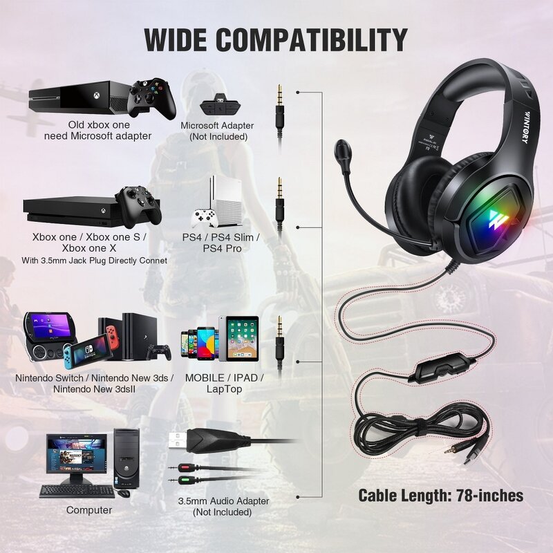 Casti gaming RGB on-ear cu microfon Wintory M1, stereo 3D, negru