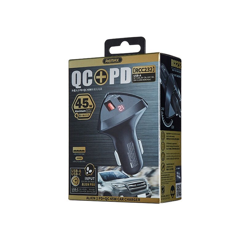 Incarcator auto Fast Charge Remax USB + Type-C, 45W, negru, RCC232