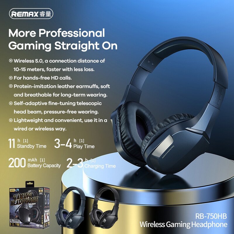 Casti gaming Bluetooth on-ear Remax, Hi-Fi audio, albastru, RB-750HB