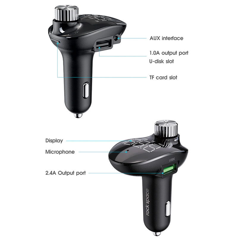 Modulator FM Bluetooth Rock Space B302, 2x USB, Jack 3.5mm, negru