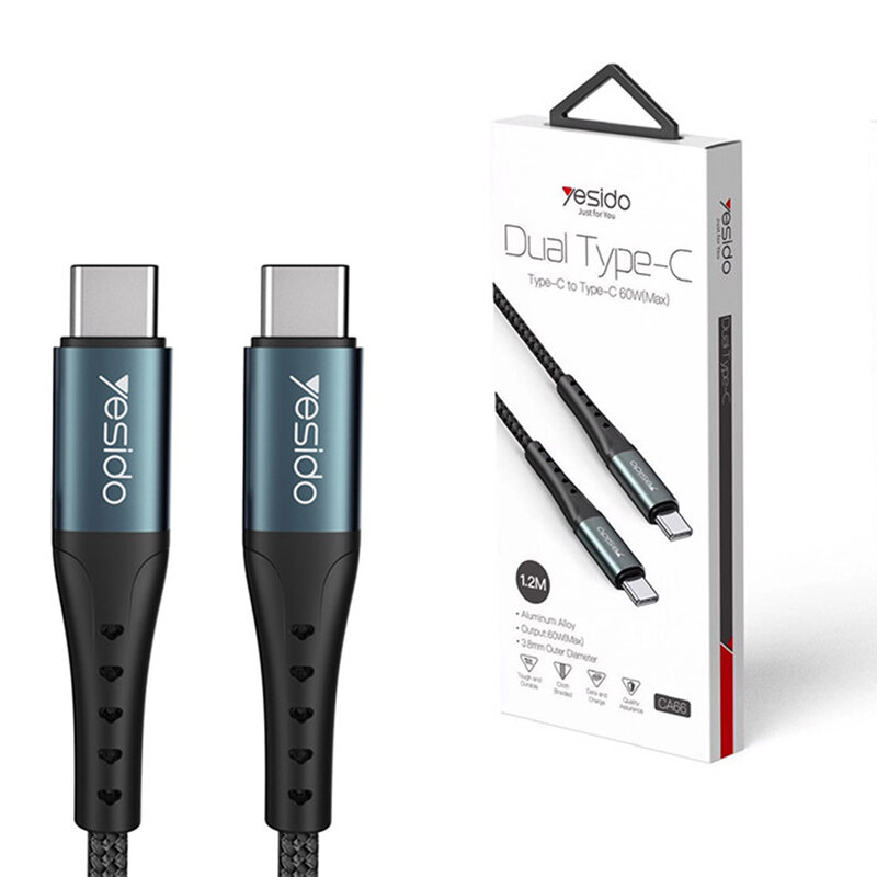 Cablu de date Type-C la Type-C PD60W Yesido CA66, 3A, 1.2m, negru