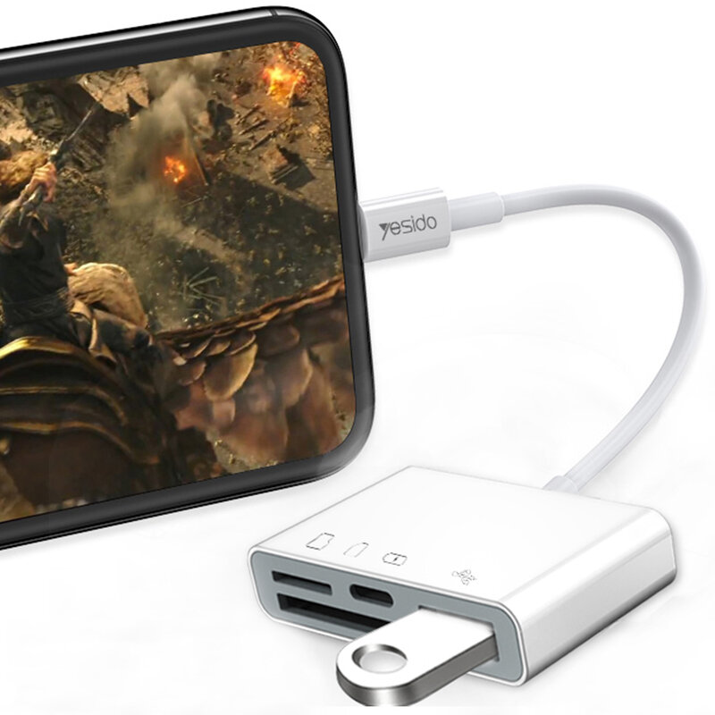 Adaptor OTG iPhone Yesido GS12 la USB, Lightning, TF, SD, alb