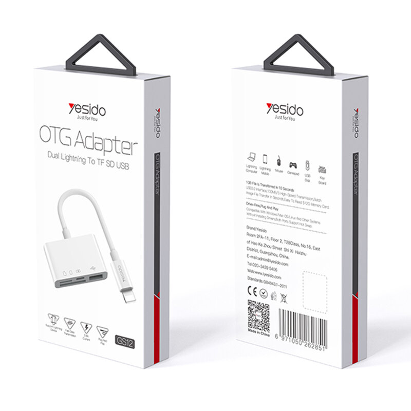 Adaptor OTG iPhone Yesido GS12 la USB, Lightning, TF, SD, alb