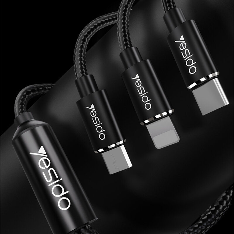 Cablu de date Lightning, Type-C, Micro-USB Yesido CA60, 3A, 1.2m, negru