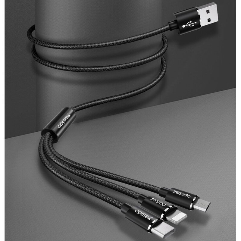 Cablu de date Lightning, Type-C, Micro-USB Yesido CA60, 3A, 1.2m, negru