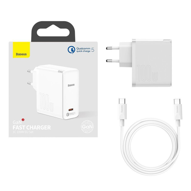 Incarcator Quick Charge 5 GaN2 + cablu USB-C Baseus 100W, alb, TZCCGAN-L02