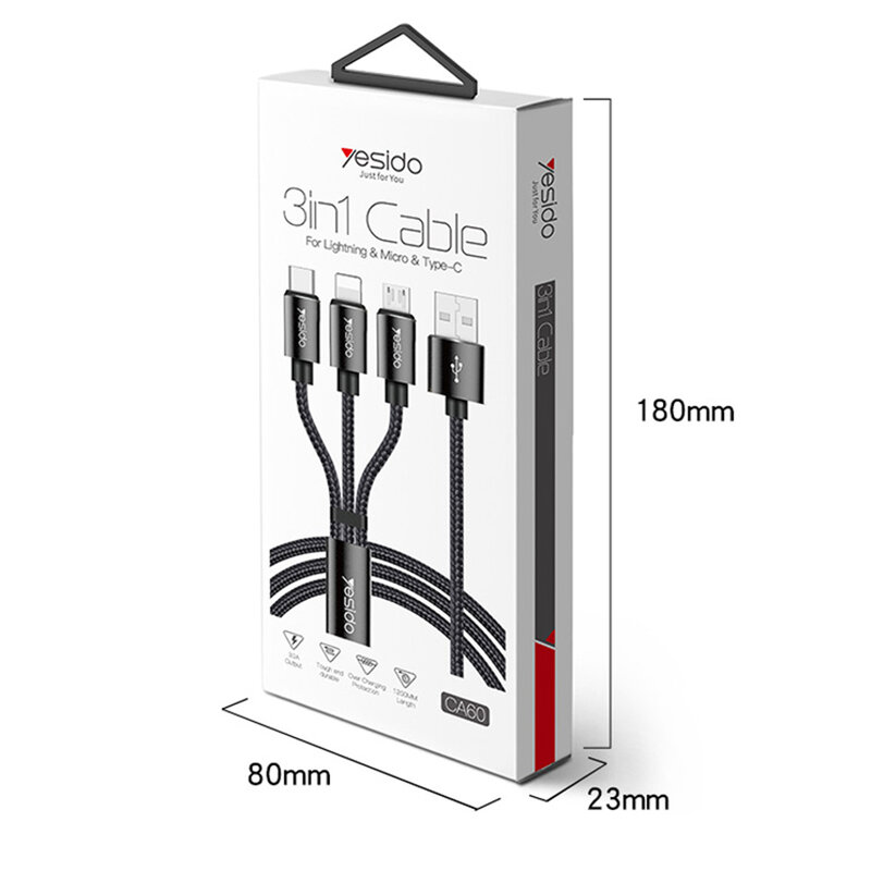 Cablu de date Lightning, Type-C, Micro-USB Yesido CA60, 3A, 1.2m, negru