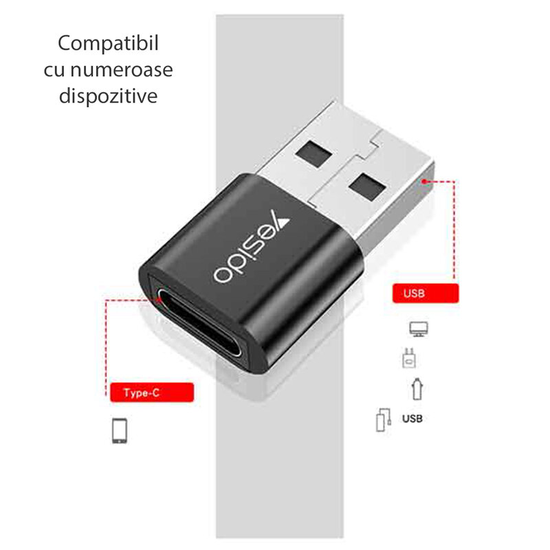 Adaptor OTG Type-C la USB Yesido GS09, Fast Charge, negru