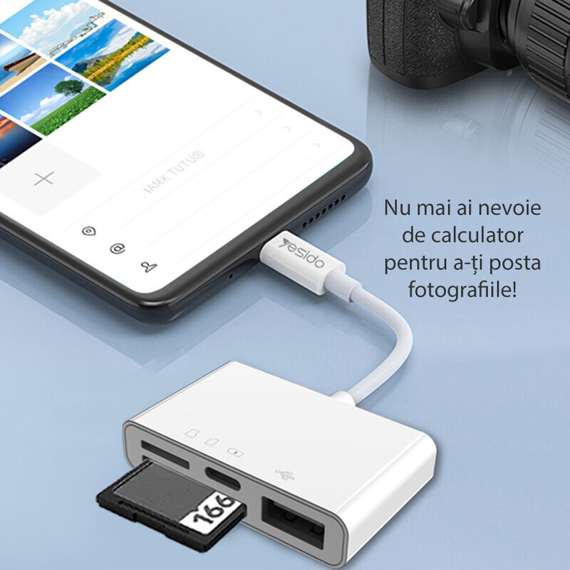 Adaptor OTG iPhone Yesido GS12 la USB, Lightning, TF, SD, alb