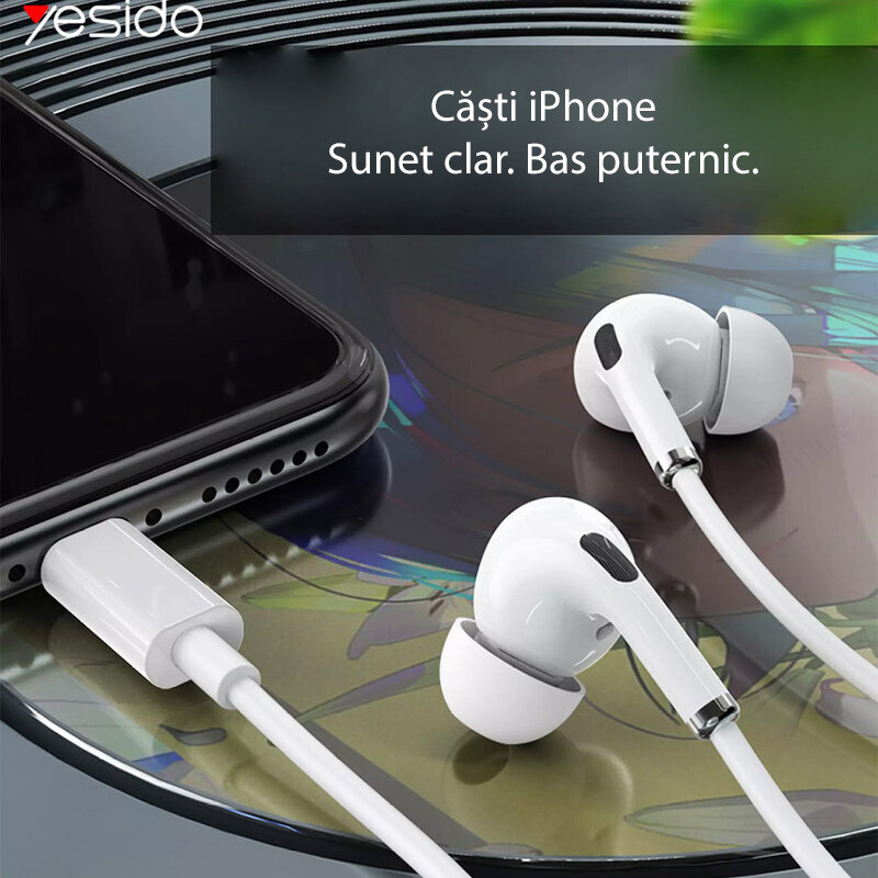 Casti iPhone in-ear cu fir Yesido YH36, stereo, Lightning, alb