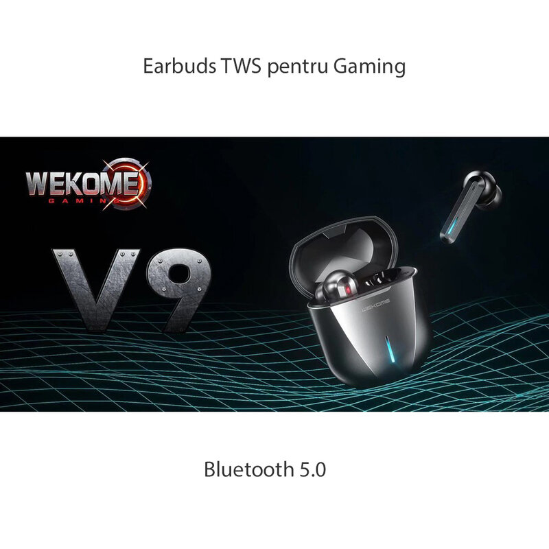 Casti telefon gaming earbuds WK Design ET-V9, TWS Bluetooth, gri