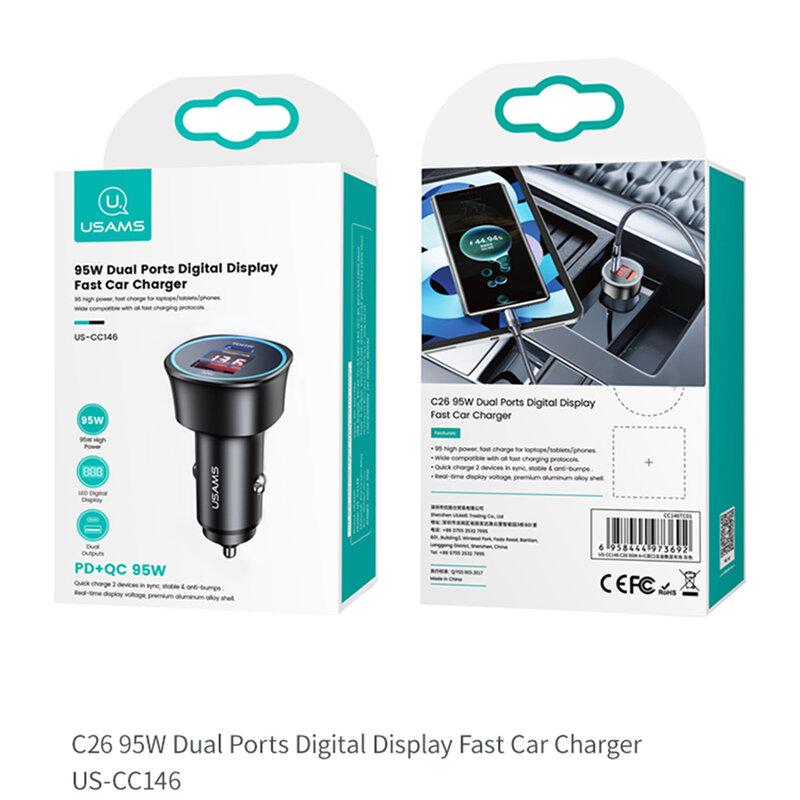 Incarcator auto Super Fast Charge Usams C26, USB, Type-C PD 95W, gri, US-CC146