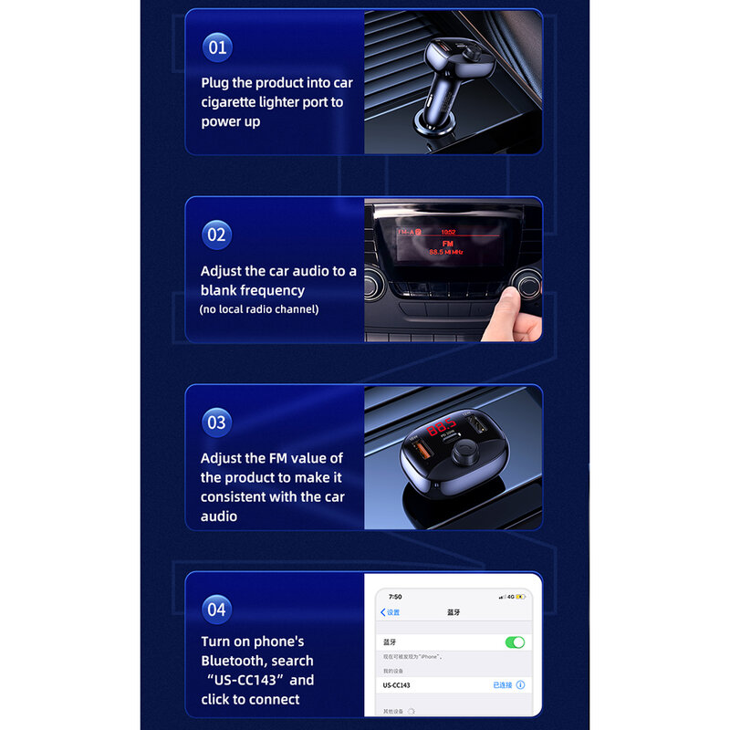 Modulator FM masina Usams C25, 2x USB, Type-C PD 50W, negru