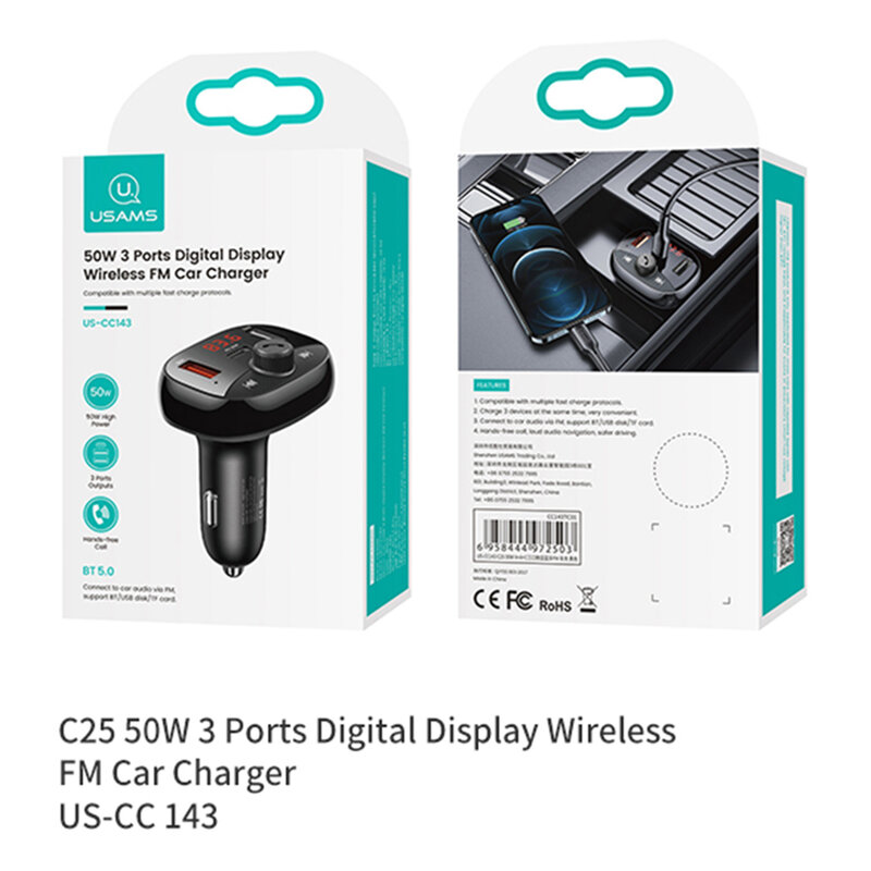 Modulator FM masina Usams C25, 2x USB, Type-C PD 50W, negru