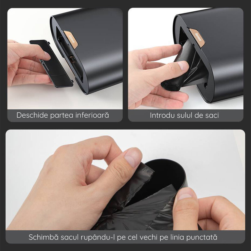 Cos gunoi automat masina Baseus + 120 saci menajeri, negru, CRLJT01-01