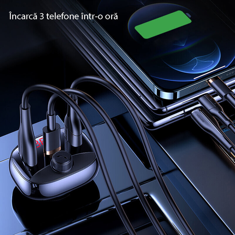 Modulator FM masina Usams C25, 2x USB, Type-C PD 50W, negru