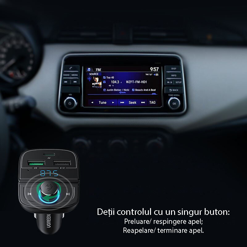 Modulator Bluetooth auto FM Ugreen 2x USB, Type-C, MicroSD, negru, 80910