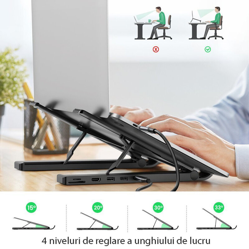 Suport laptop docking station hub Type-C la 2xUSB/ HDMI 4K Ugreen, negru, 80551