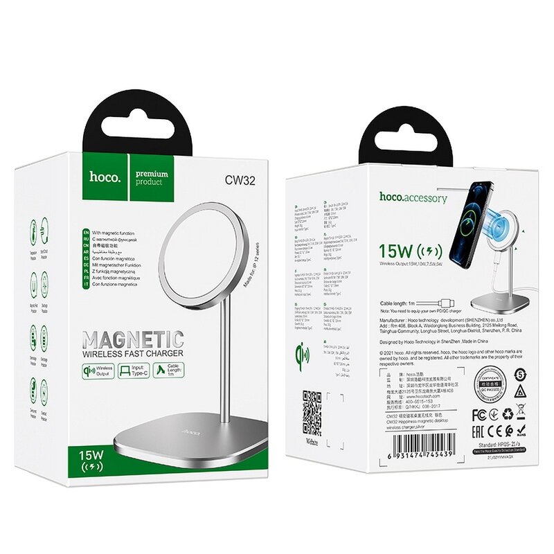 Incarcator wireless iPhone 12 Hoco CW32 tip suport birou, 15W, alb